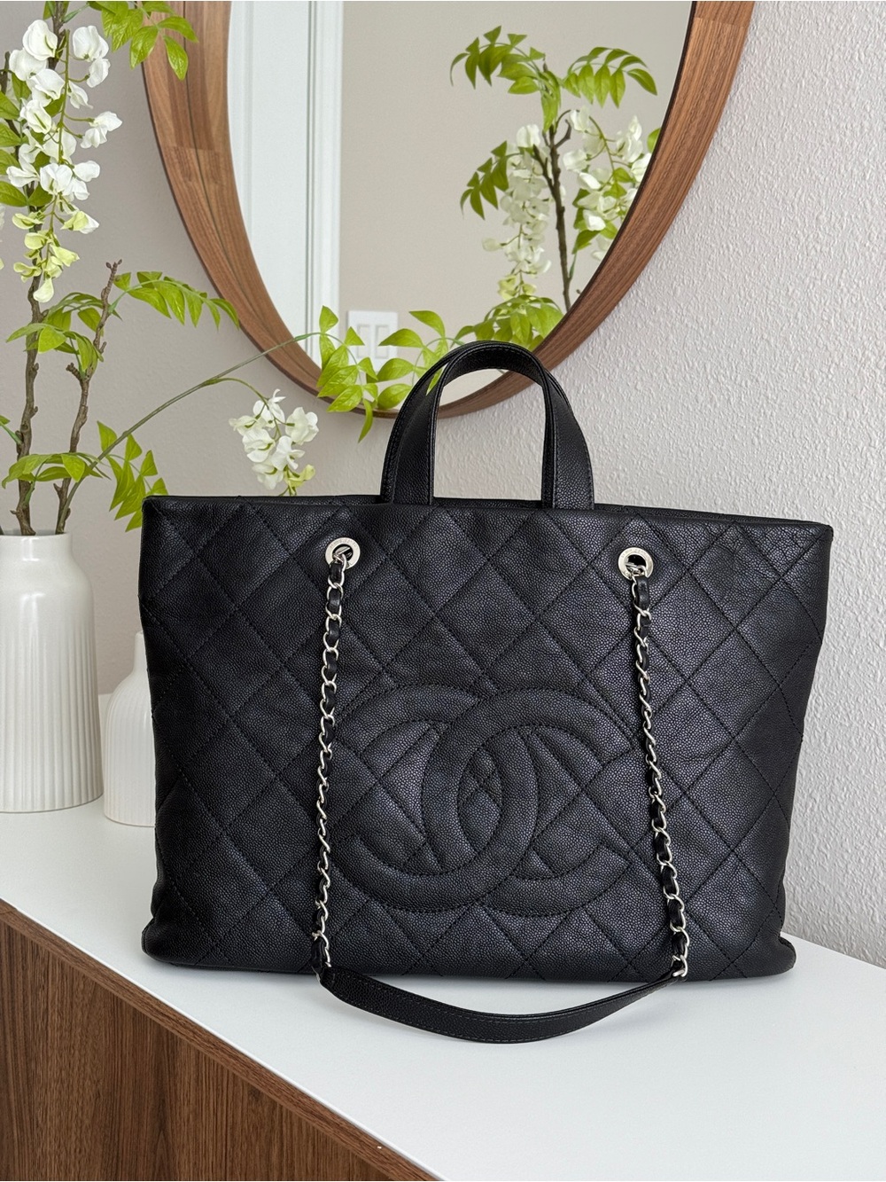 CHANEL Black Quilted CC Tote with Chain-Strap